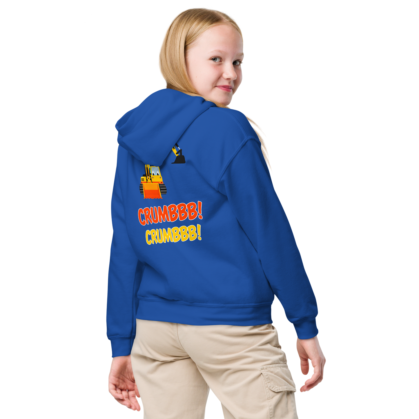 Child wearing Crumbbb! hoodie with cartoon excavator graphic.
