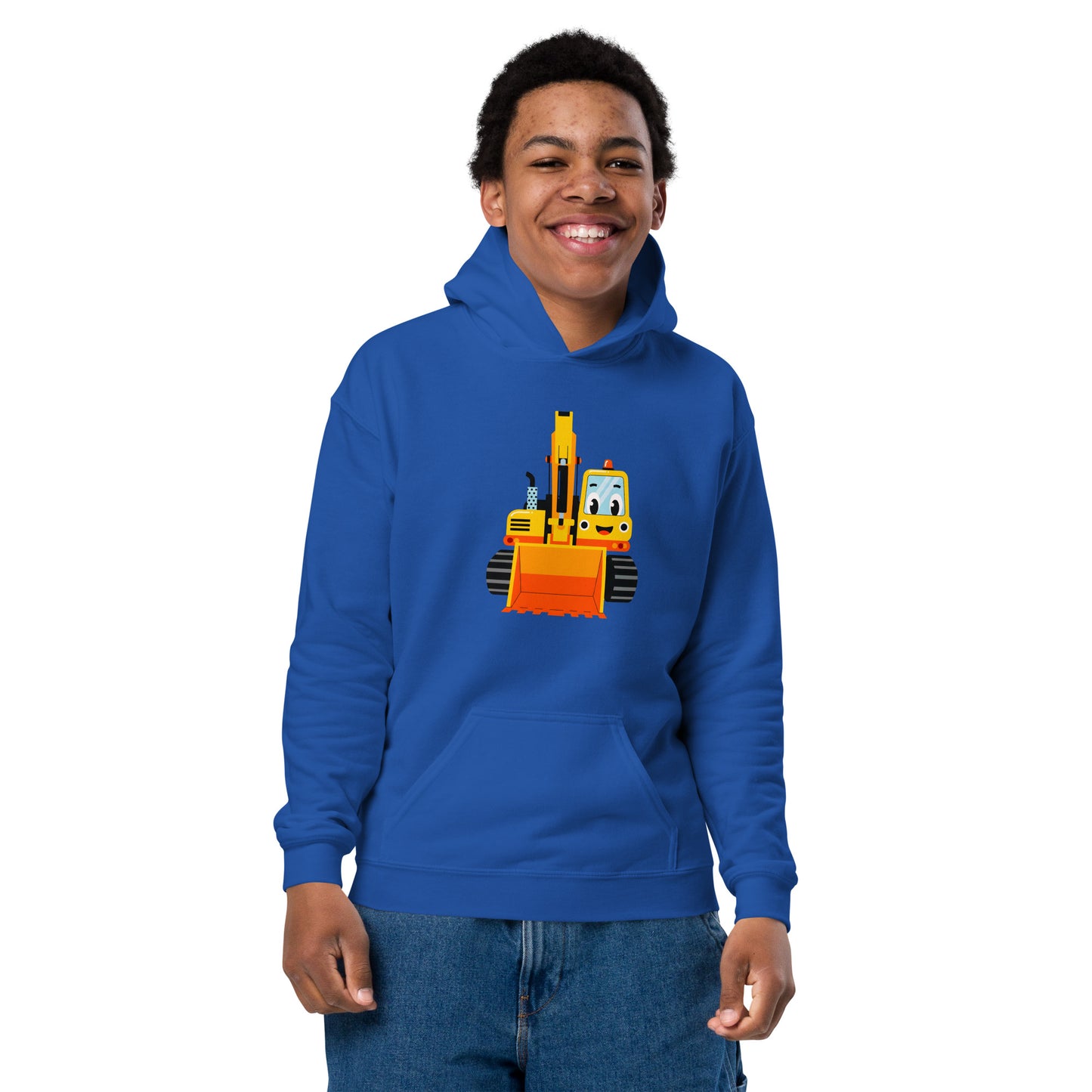 Teen boy wearing Crumbbb! hoodie with cartoon excavator design.