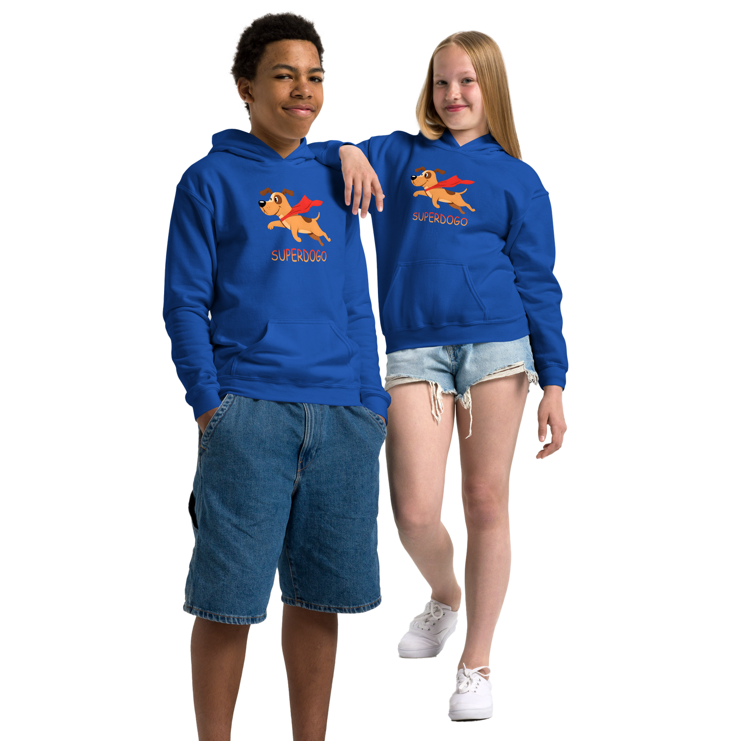 Superdogo Hoodie: Youth wearing durable hoodie with front pouch pocket.