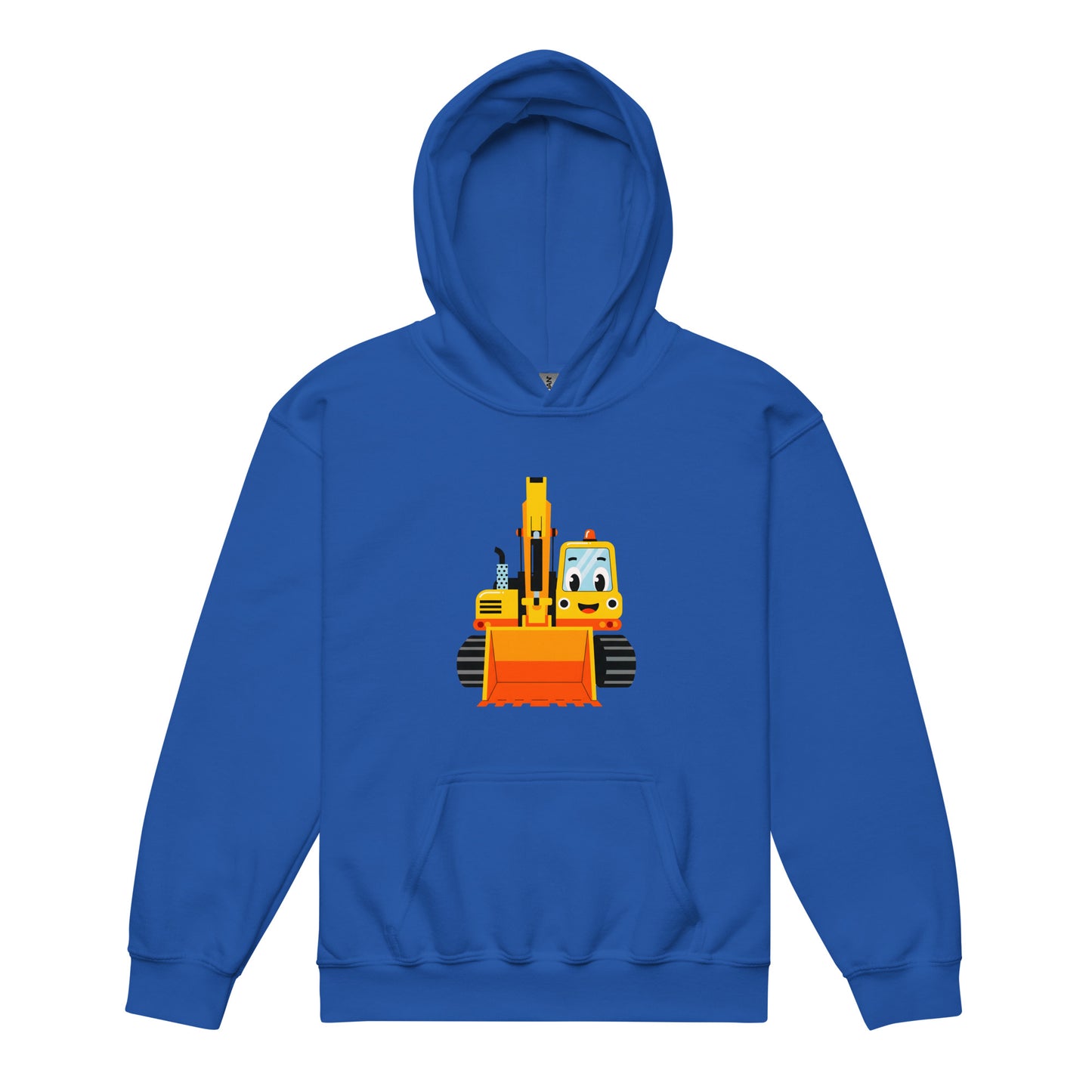Crumbbb! hoodie with a cartoon excavator, front pouch, ribbed cuffs.