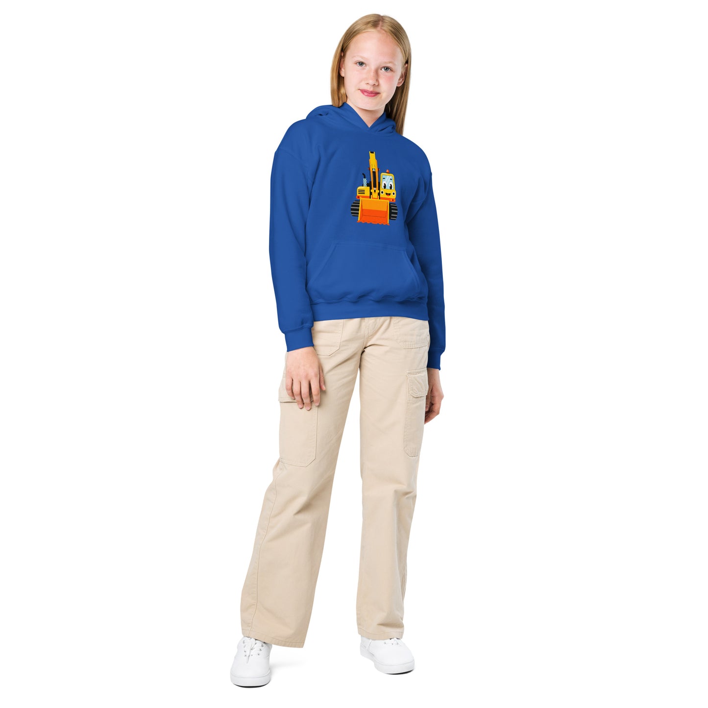 Youth wearing Crumbbb! hoodie with cartoon excavator, tan cargo pants.