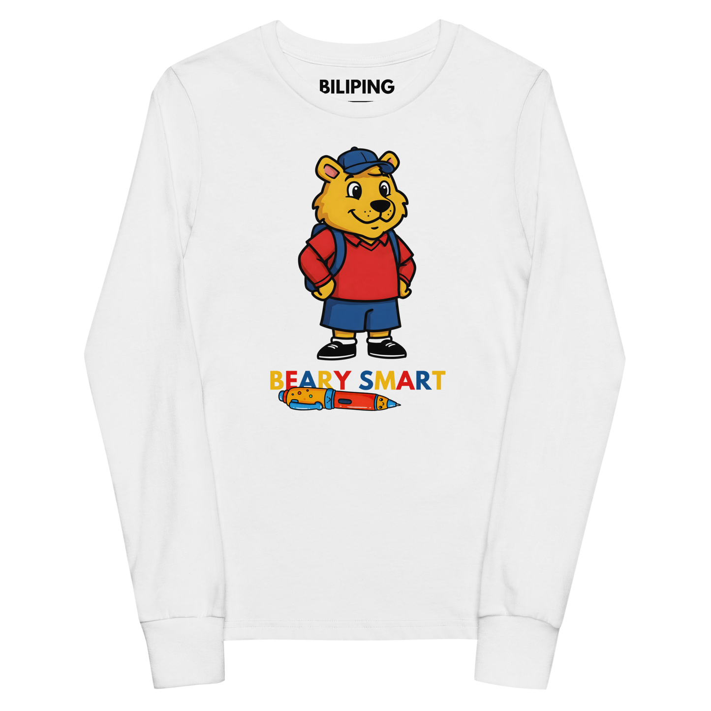 Beary Smart Tee: Youth long sleeve shirt with cartoon bear design.