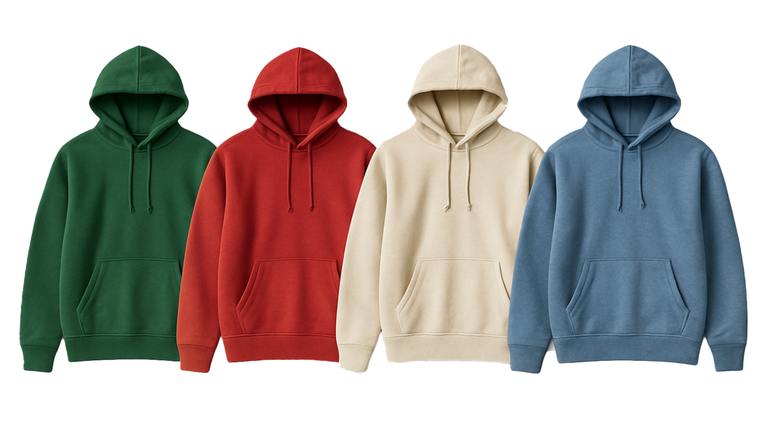 Red hoodie, green and red hoodie, and green hoodie displayed together.