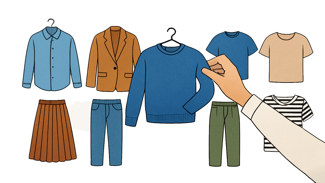 Drawing of green pants, blue long-sleeved shirt, and cartoon t-shirt.