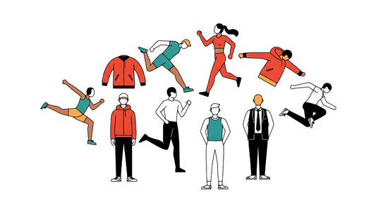 Cartoon woman running; man in red jacket and black pants.