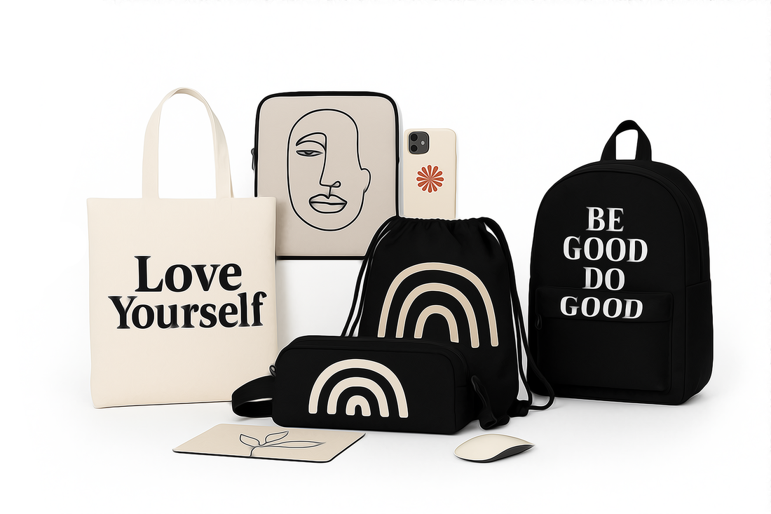 Black backpack with white text, featuring a face drawing on the bag.