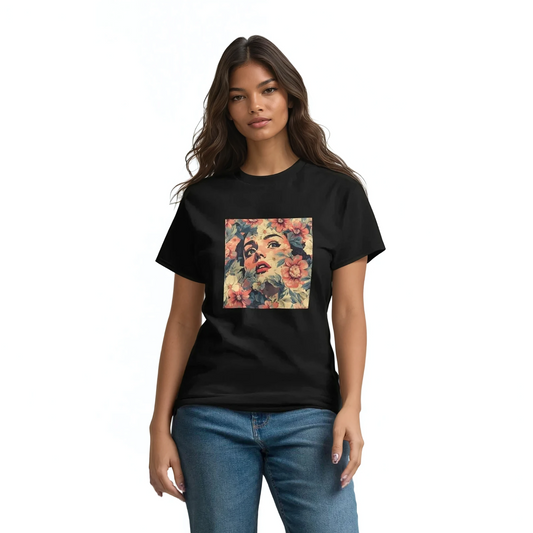 Lady in Flowers tee featuring a woman's face, structured fit, streetwear style.