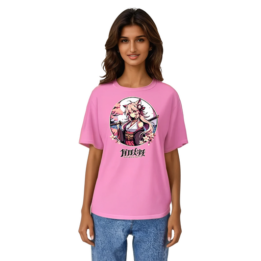 Purple Petal Warrior: Woman in structured cotton tee and jeans.