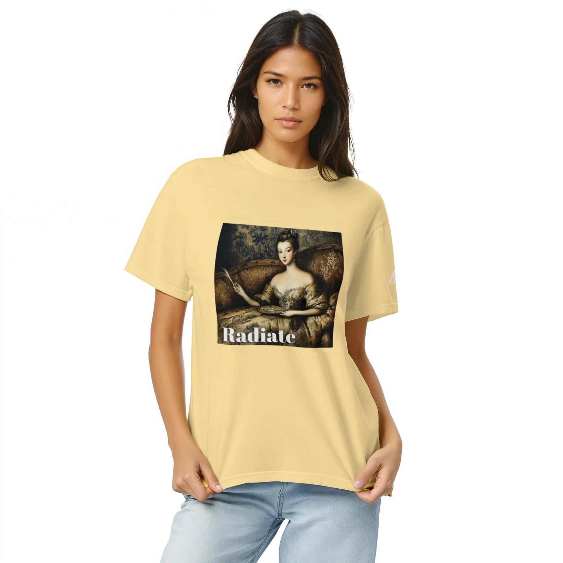 Radiate T-Shirt: Close-up of woman wearing a casual, heavyweight tee.