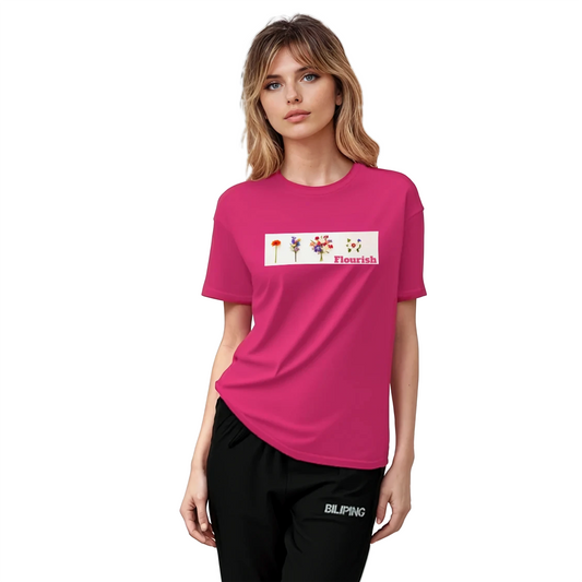 Woman modeling the Flourish 100% cotton classic tee with structured fit.
