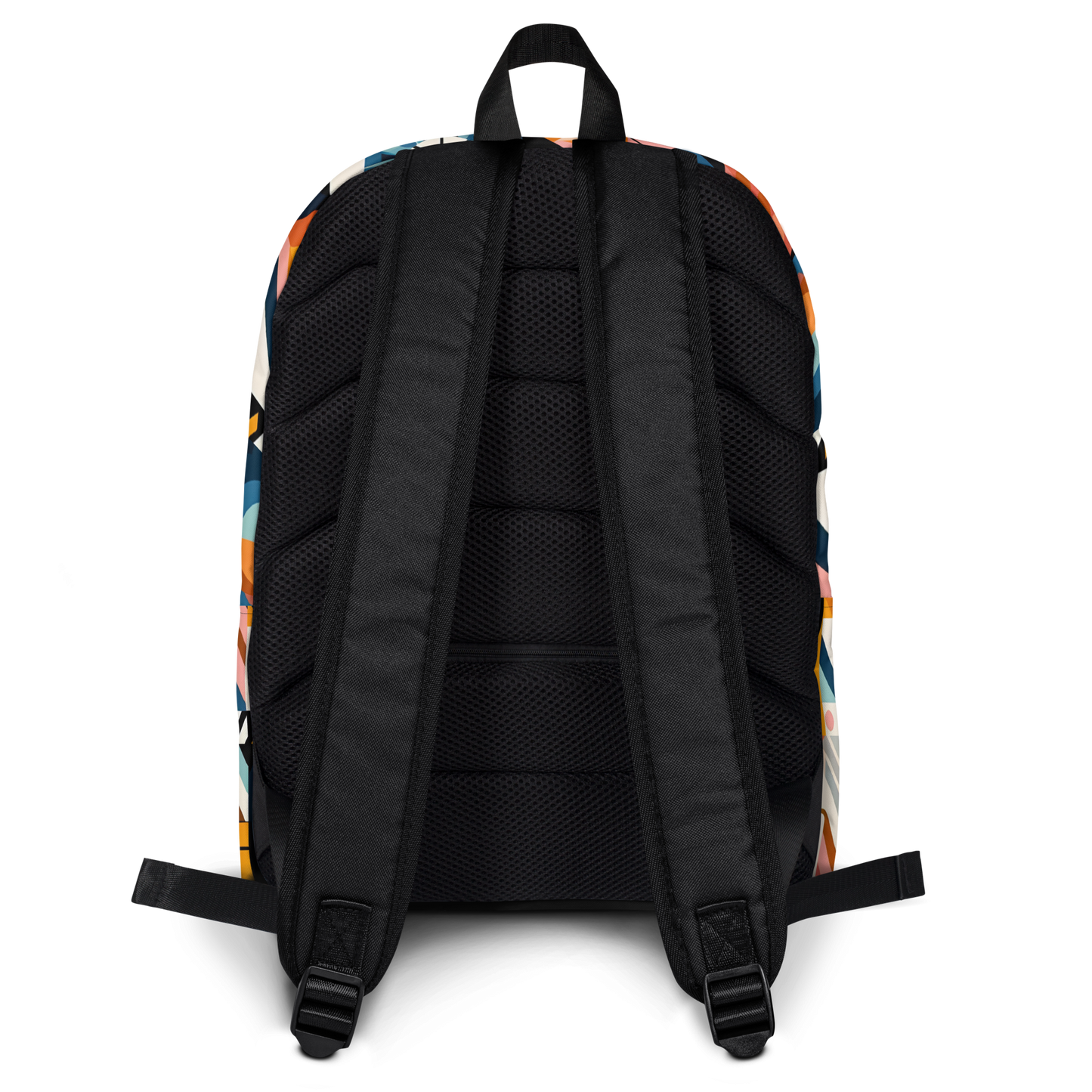 Abstract Shape Backpack's back view showing sleek design and zipper details.