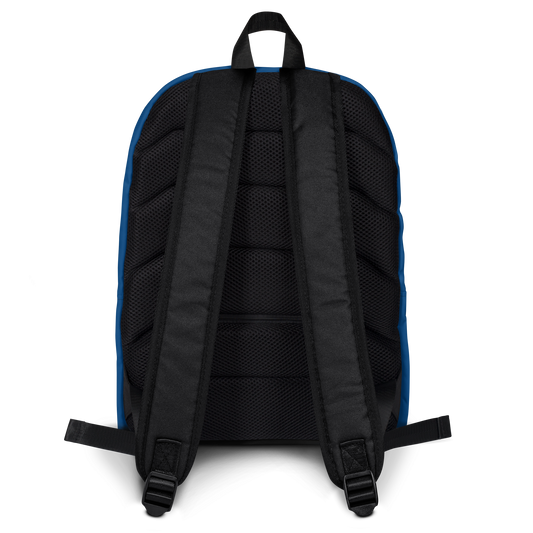 Back of Blue Backpack with ergonomic straps and multiple pockets.