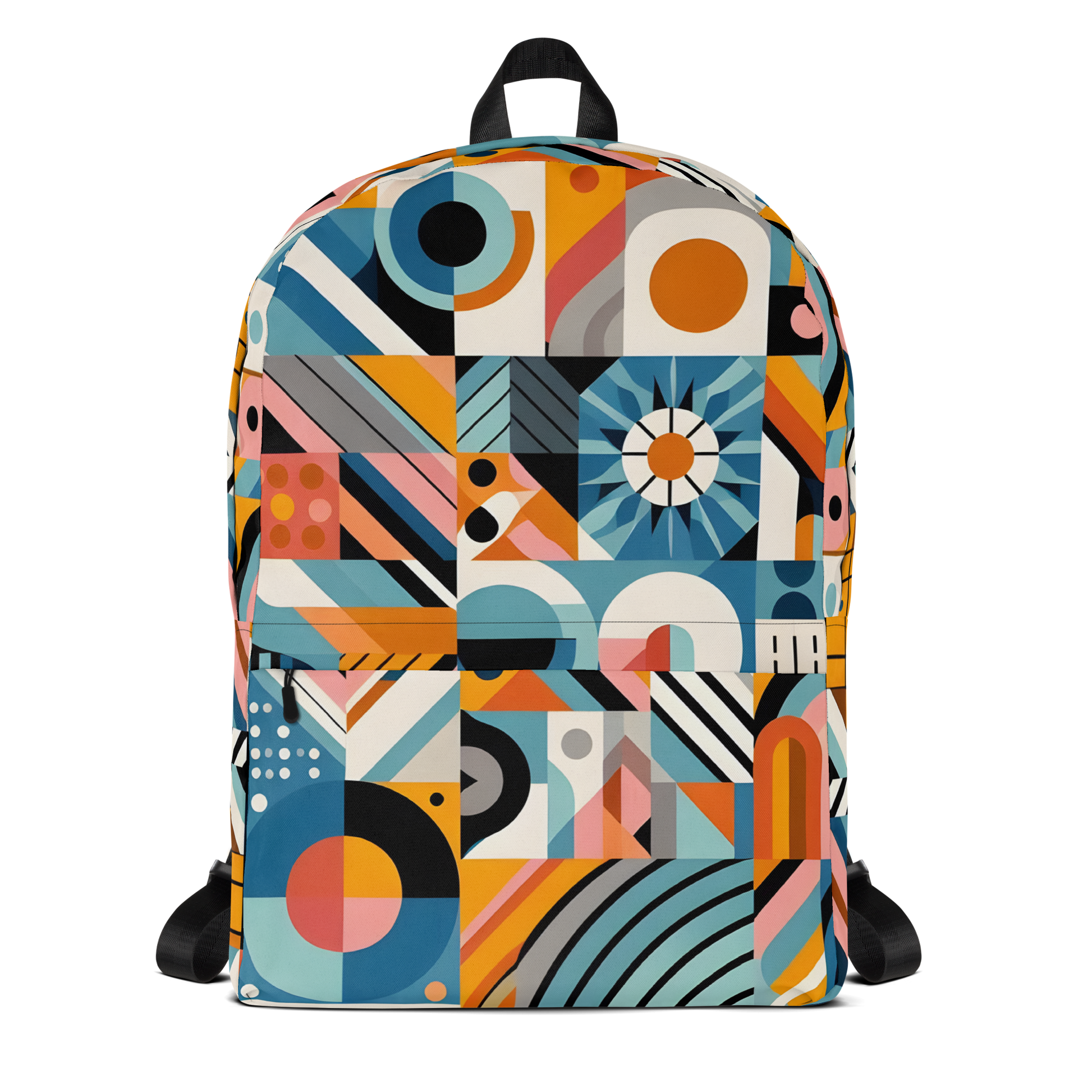 Abstract Shape Backpack with multiple pockets and ergonomic padded straps.