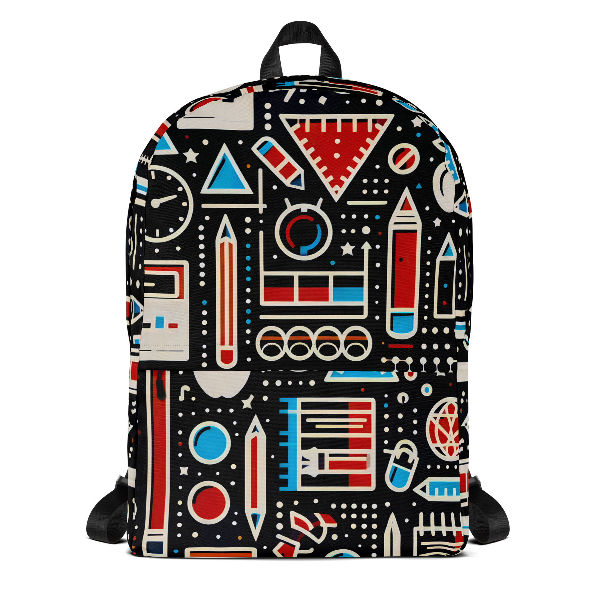 Knowledge Navigator (B) backpack with artistic pattern, ergonomic straps, and multiple pockets.