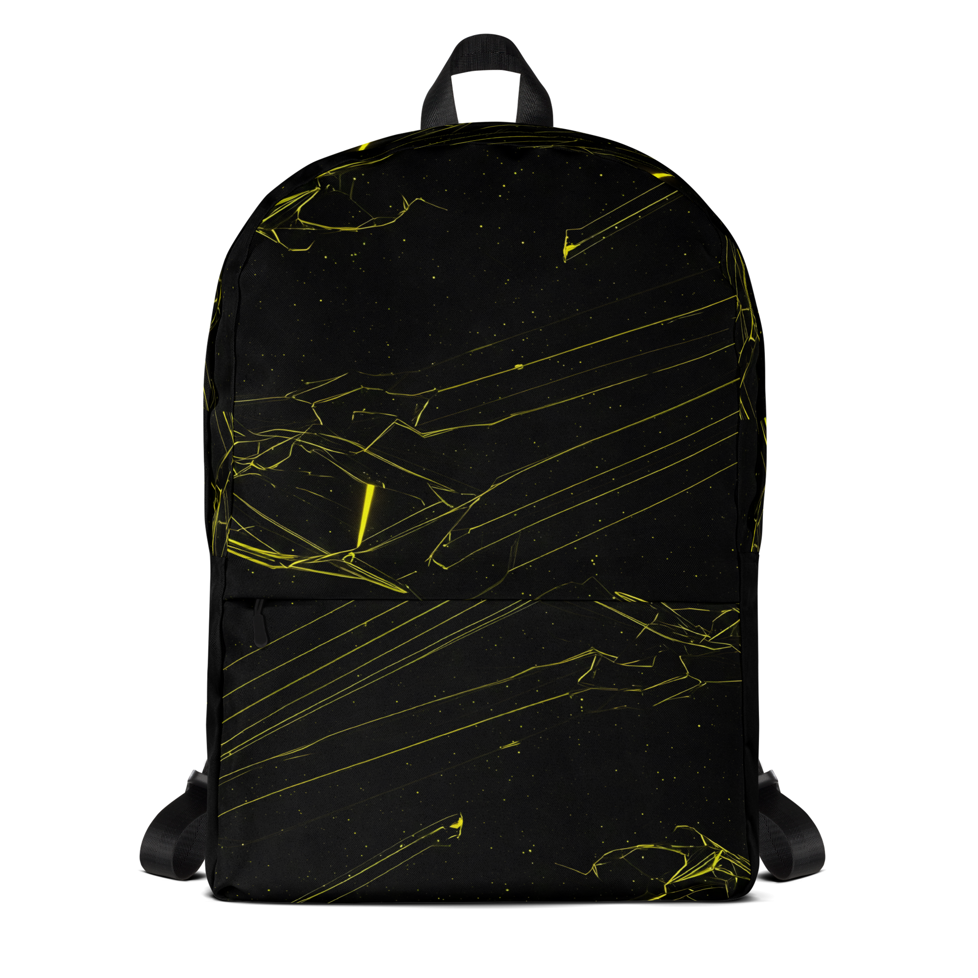 Cosmic Glitch Backpack with yellow lines, ergonomic, water-resistant, laptop sleeve.