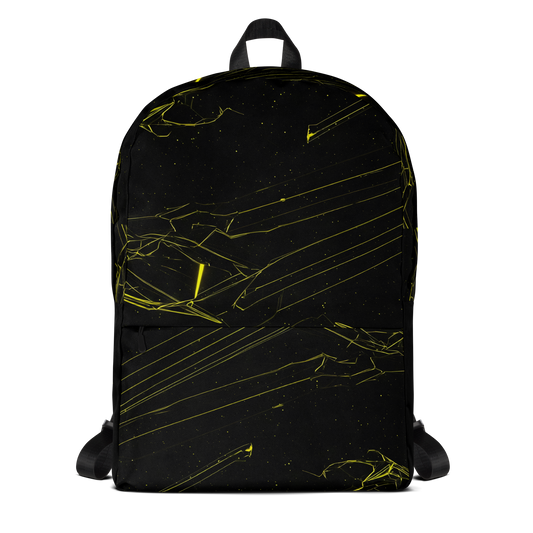Cosmic Glitch Backpack with yellow lines, ergonomic, water-resistant, laptop sleeve.