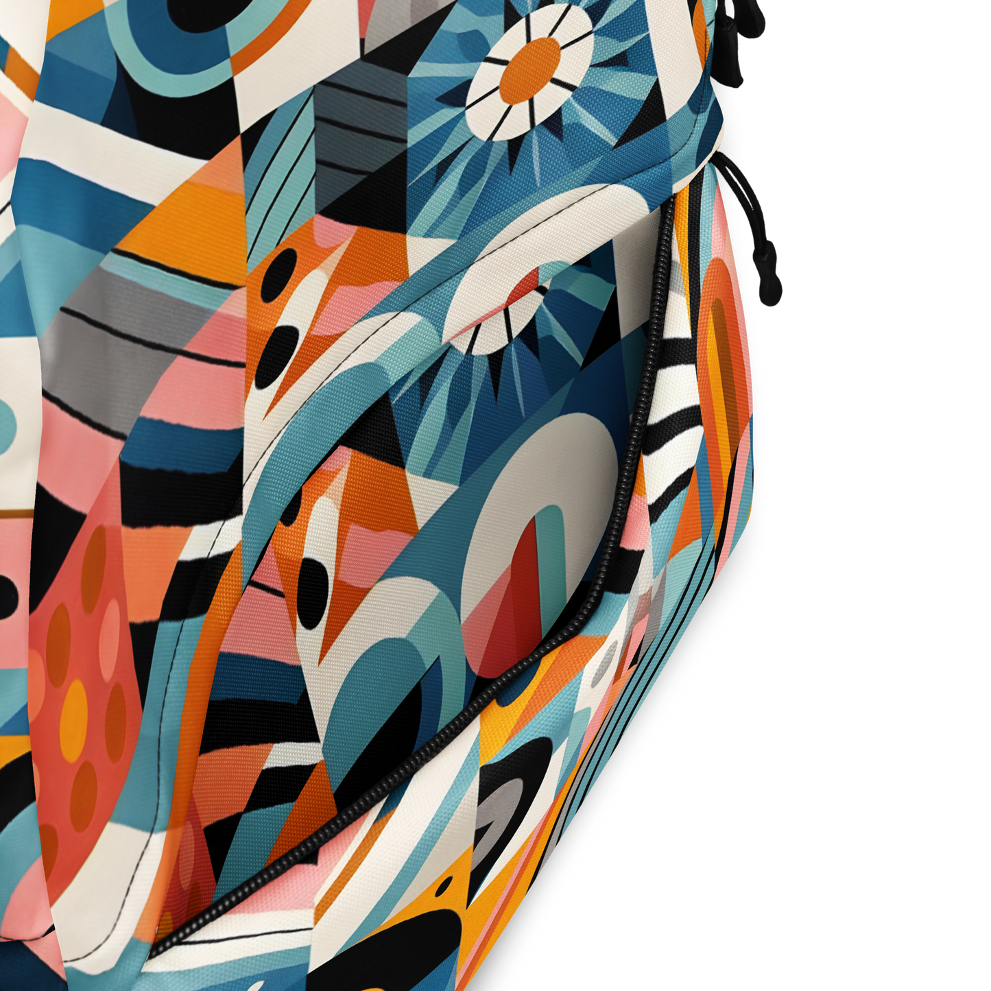 Abstract Shape Backpack with ergonomic straps, multiple pockets, and laptop sleeve.