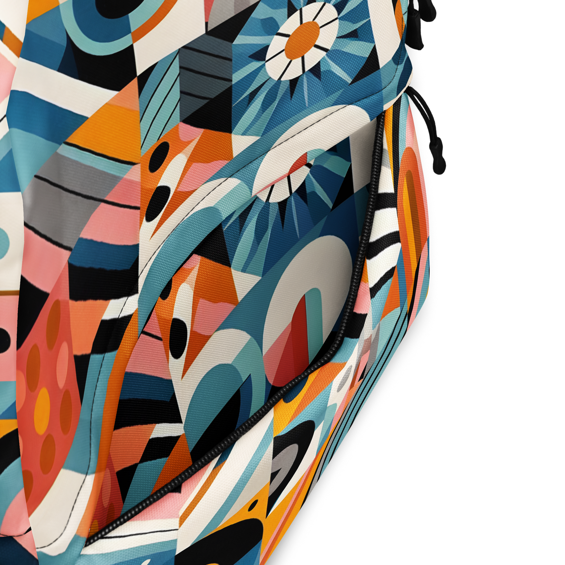 Abstract Shape Backpack with ergonomic straps, multiple pockets, and laptop sleeve.