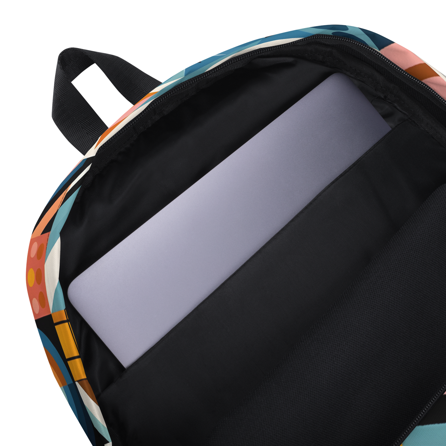 Abstract Shape Backpack with laptop sleeve, ergonomic straps, and water-resistant fabric.