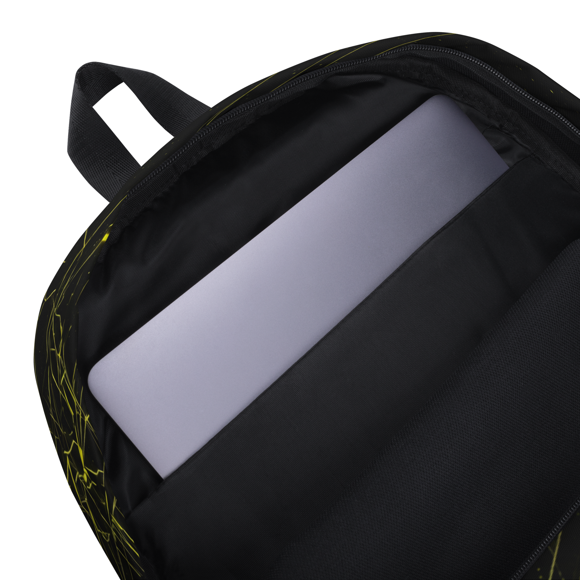 Cosmic Glitch Backpack with laptop sleeve inside, showcasing its sleek design.