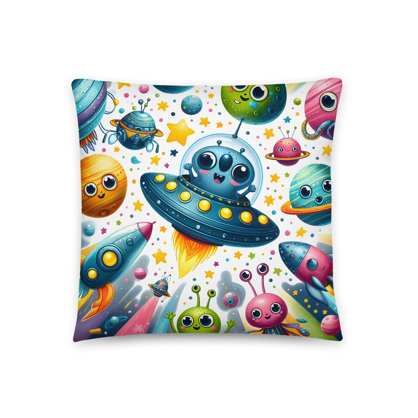 Pillow 2 featuring cartoon alien and planet design, enhancing room decor.
