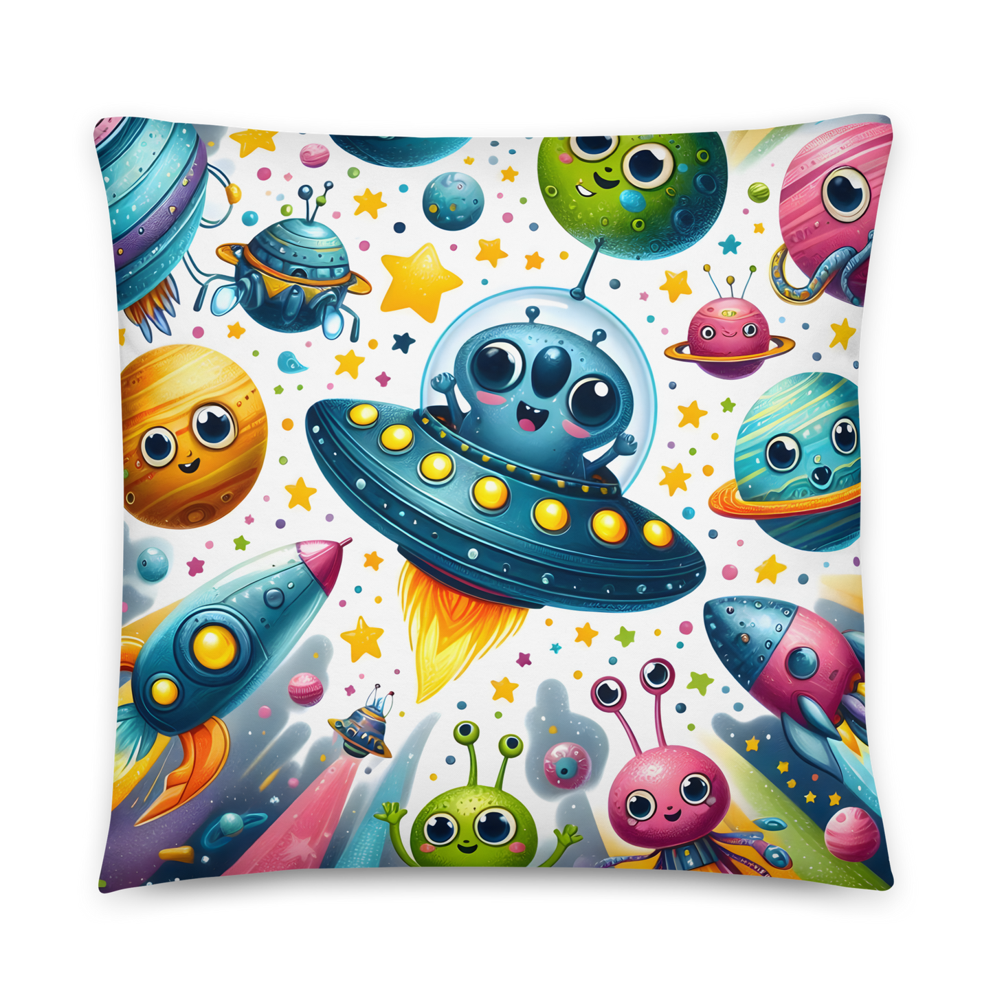 Pillow 2 with cartoon characters and rocket design, soft, machine-washable.