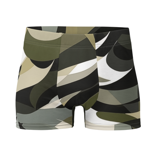 Camo Boxer Briefs 1 close-up; patterned fabric, snug fit, seamless back.