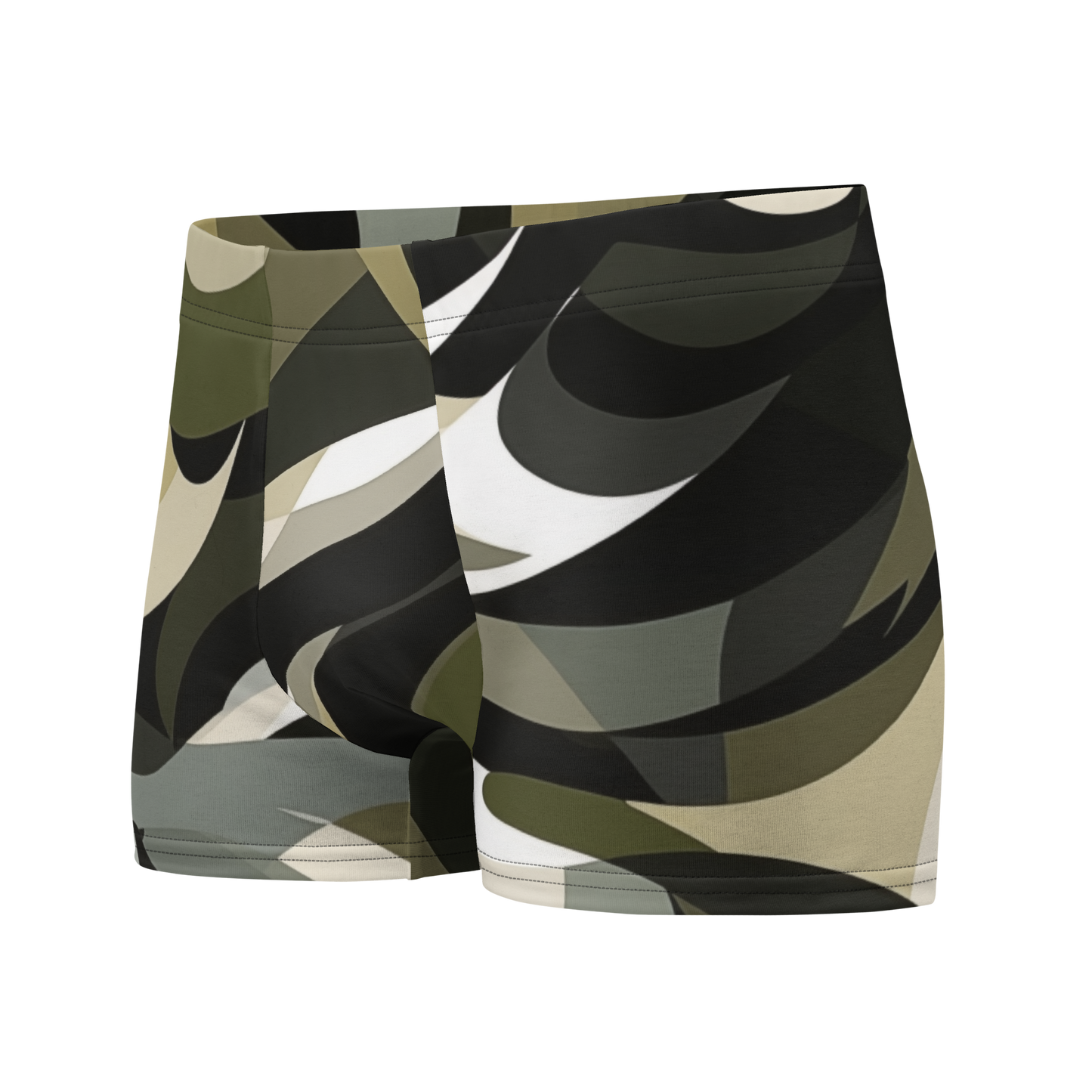 Camo Boxer Briefs 1 fabric close-up, highlighting stretchy, snug-fit material.