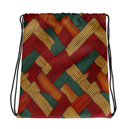 Drawstring Bag 1 with black straps and colorful woven pattern.