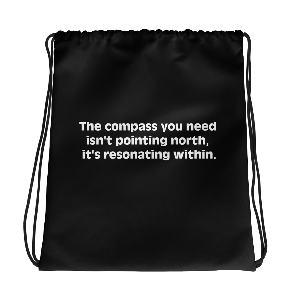 Not North - Drawstring Bag: Sleek black bag with white text, sporty design.