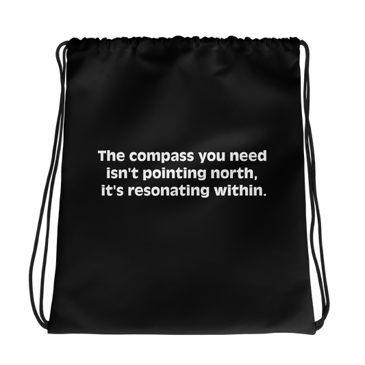 Not North - Drawstring Bag: Sleek black bag with white text, sporty design.