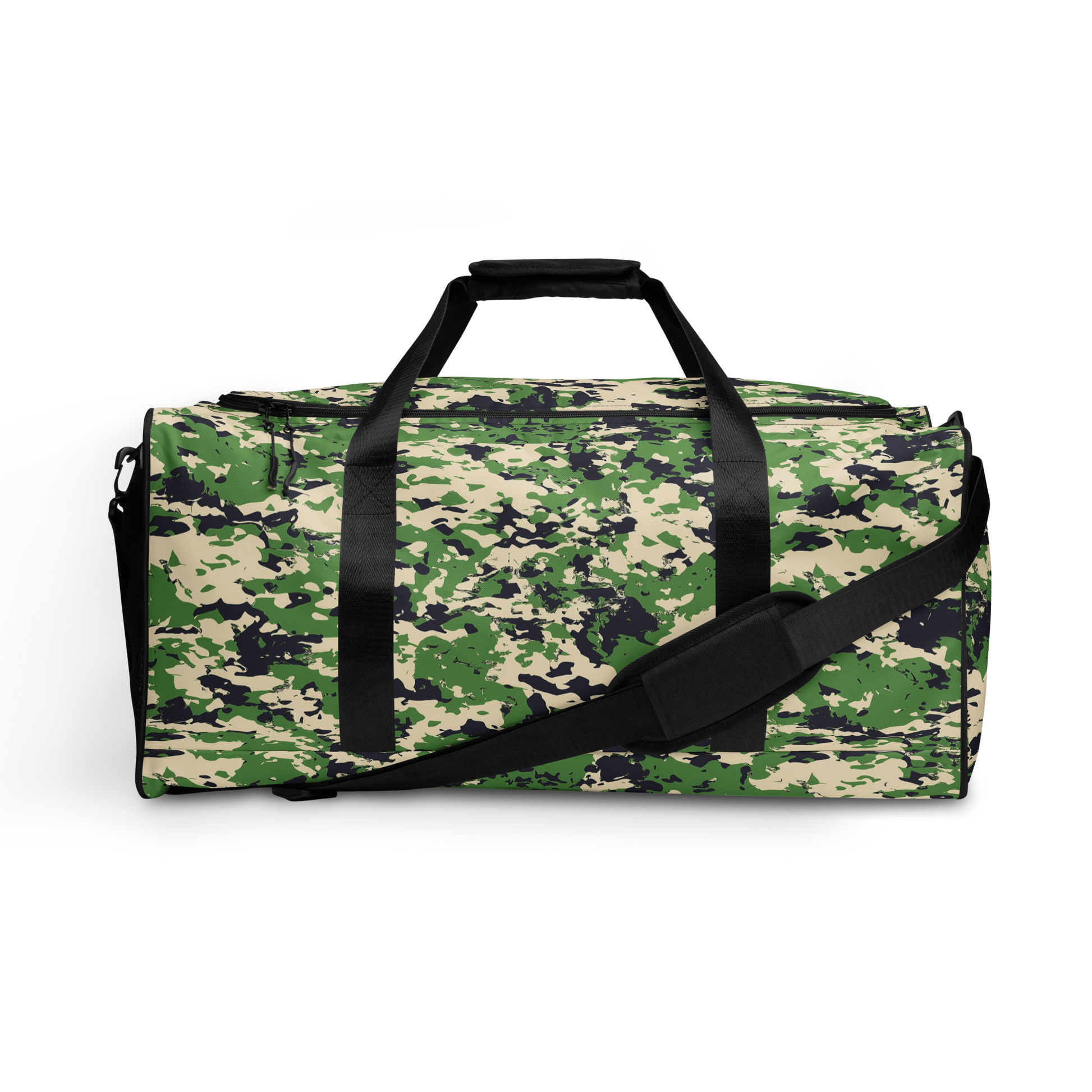 Camo Duffel Bag with black straps, zippered compartment, and padded handles.