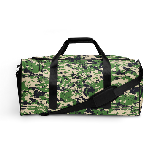 Camo Duffel Bag with black straps, zippered compartment, and padded handles.