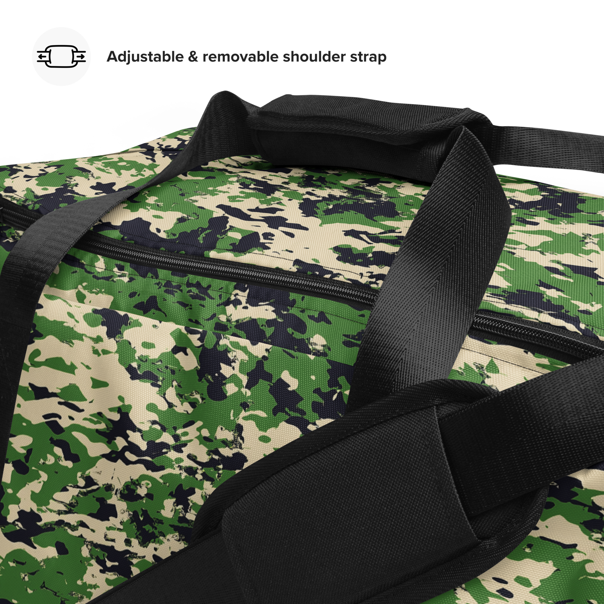 Camo Duffel Bag with multiple pockets and padded strap.