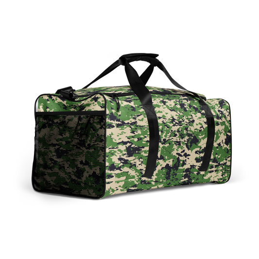 Camo Duffel Bag with adjustable padded strap and multiple compartments.