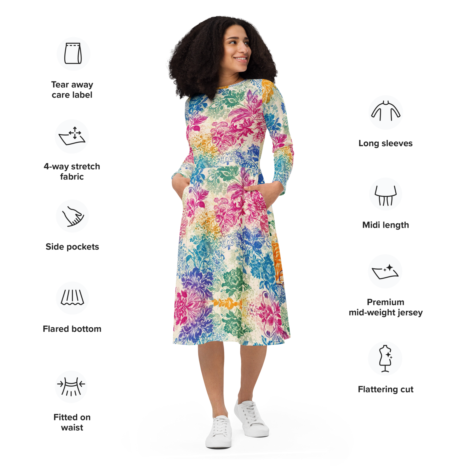 Fiesta Flora Dress with fitted waist, flared skirt, and side pockets.