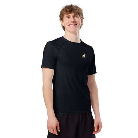Biliping's Leaping Guard: Close-up of a smiling man wearing a sleek active rash guard.