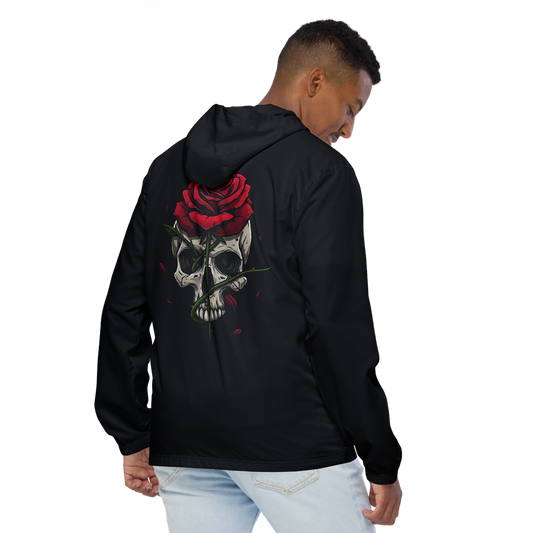 Edge & Echo Windbreaker on man, showing skull and rose design on back.