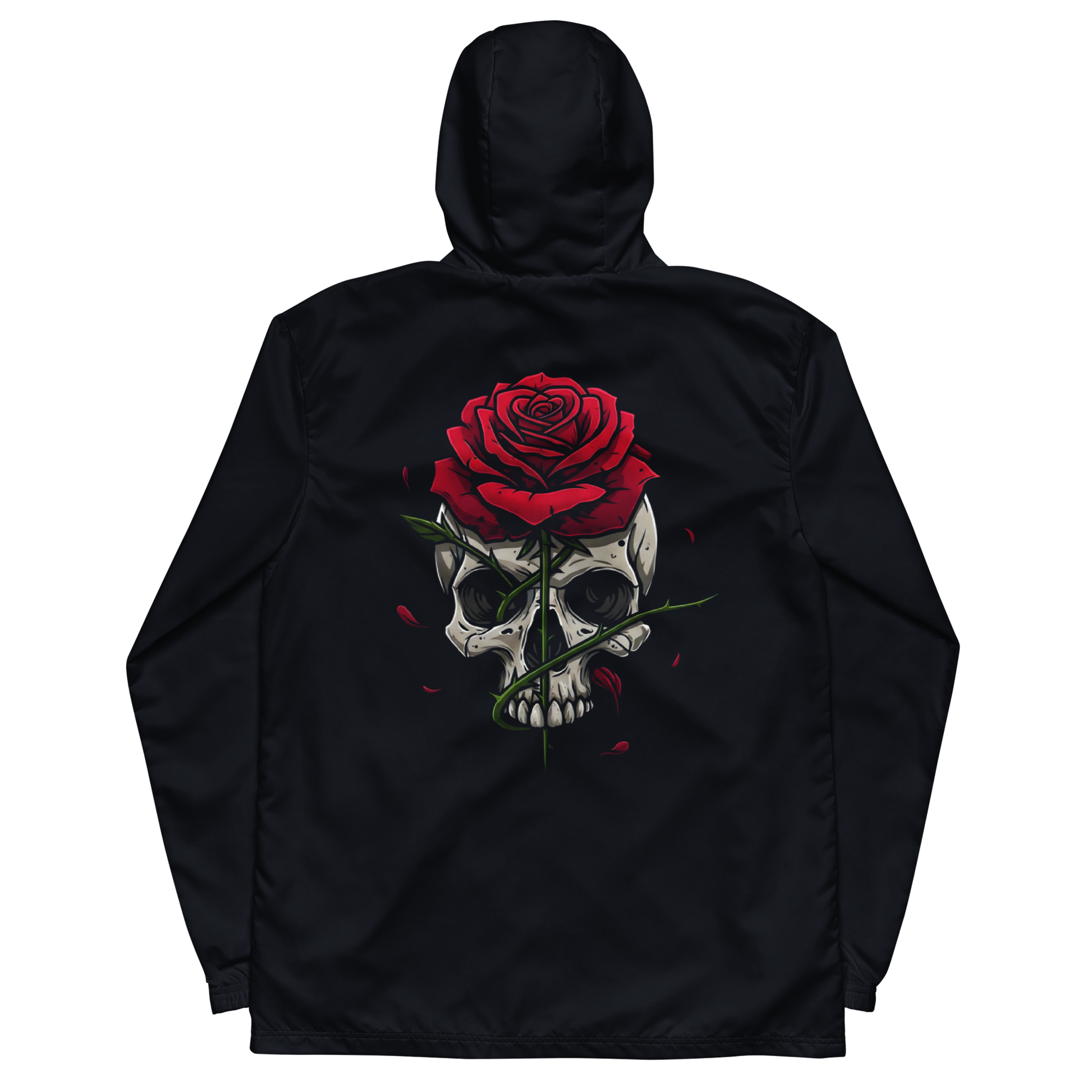 Edge & Echo Windbreaker featuring a skull and rose design on the back.