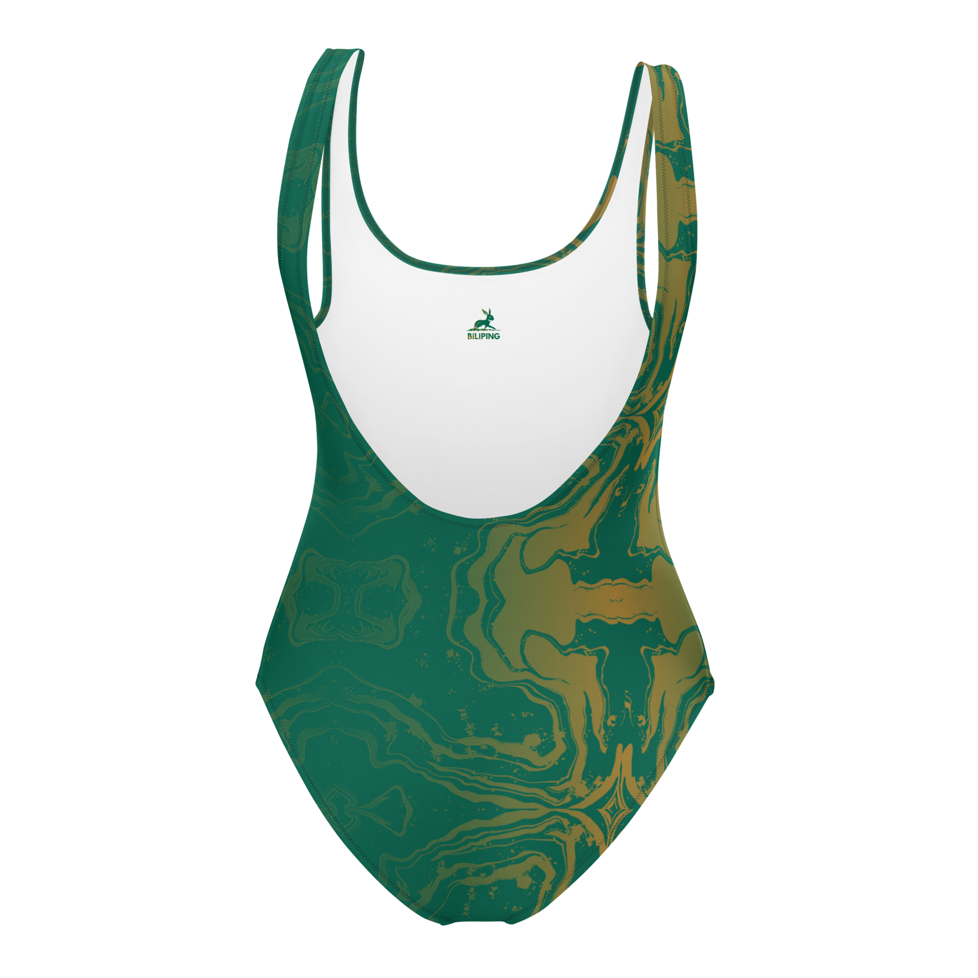 Gold & Jade Flow one-piece swimsuit with scoop back and cheeky cut.