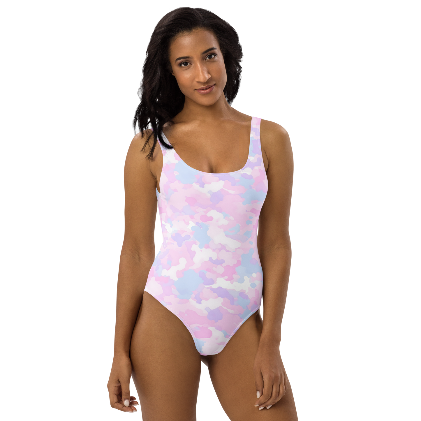 Dreamscape Camo Swimsuit modeled, showcasing its sleek fit and modern design.