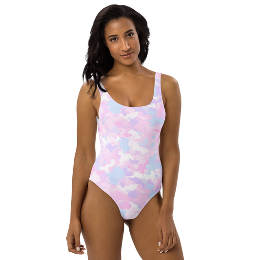 Dreamscape Camo Swimsuit modeled, showcasing its sleek fit and modern design.