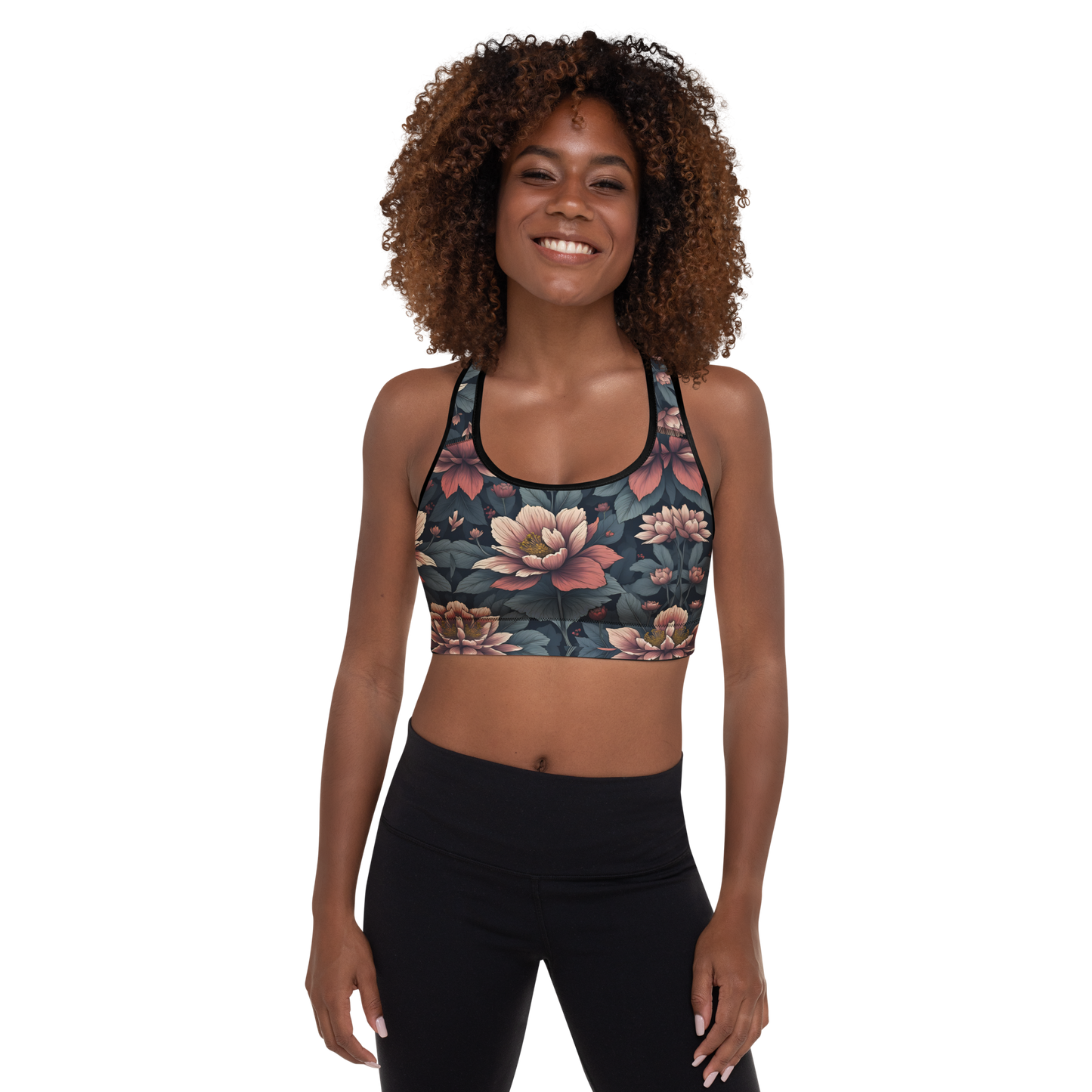 Deep Bloom Sports Bra with scoop neckline, racerback, and reinforced straps.