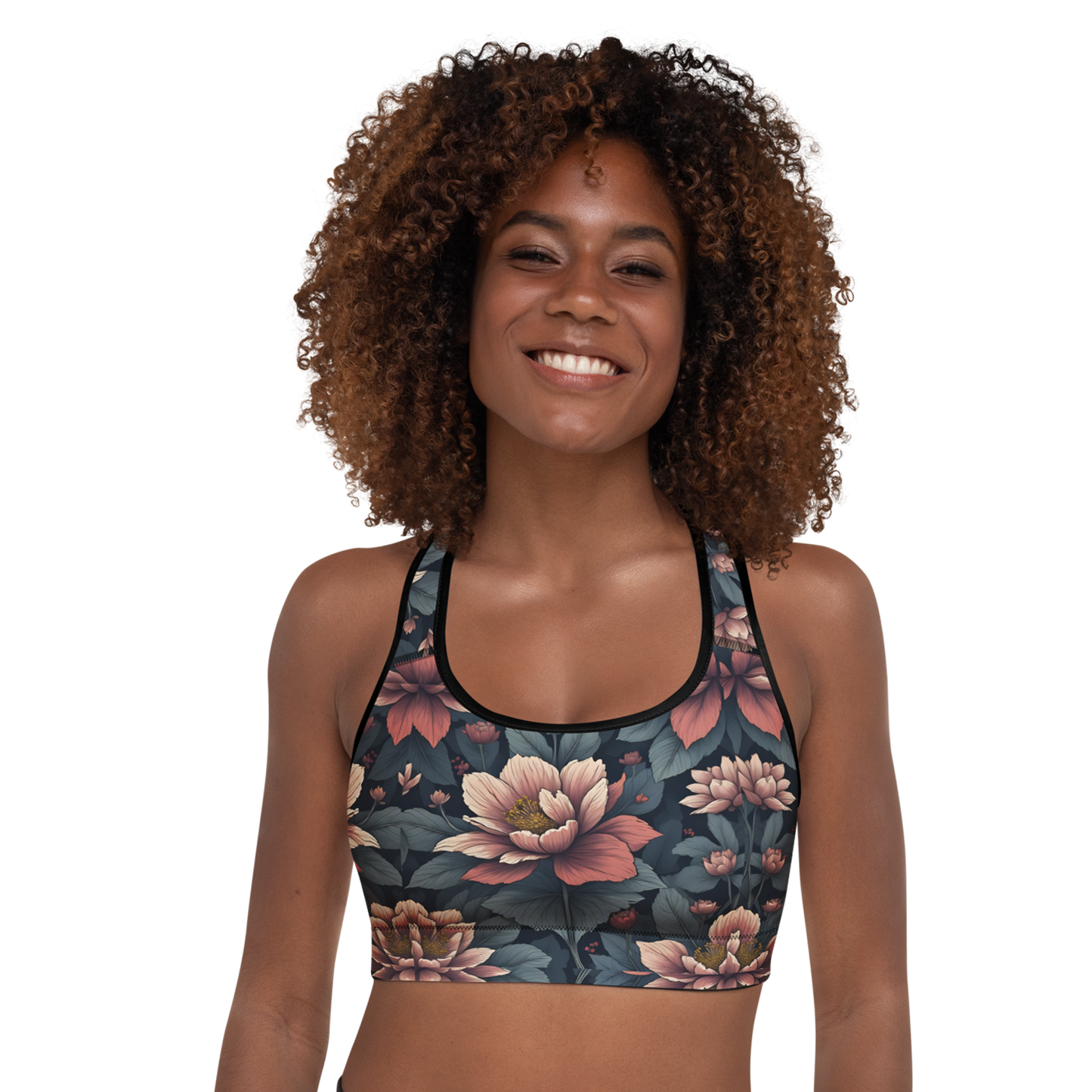 Deep Bloom Sports Bra close-up; showcases supportive straps and scoop neckline.
