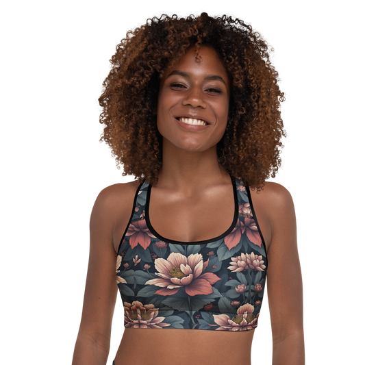 Deep Bloom Sports Bra close-up; showcases supportive straps and scoop neckline.