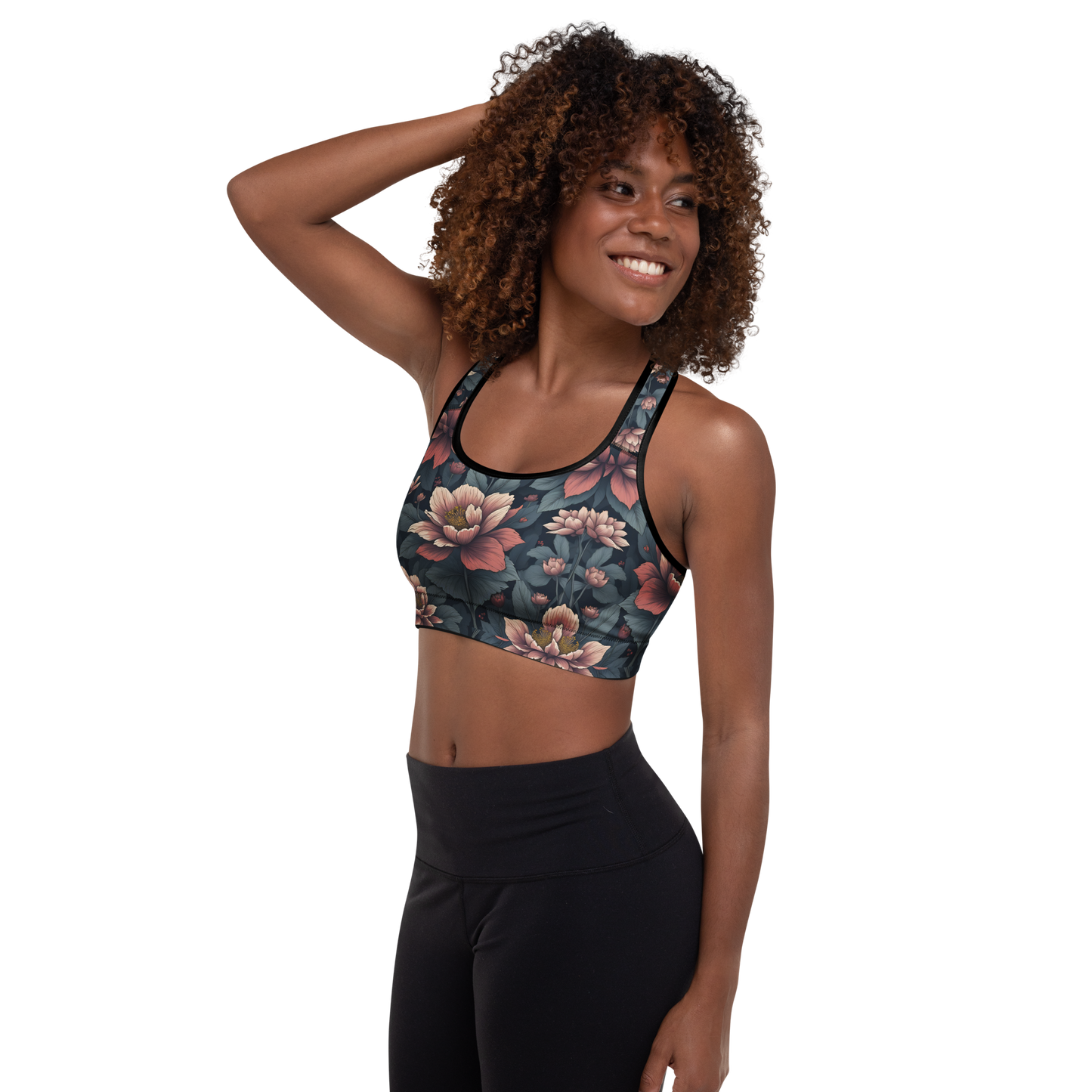 Deep Bloom Sports Bra close-up, showcasing reinforced straps and moisture-wicking fabric.