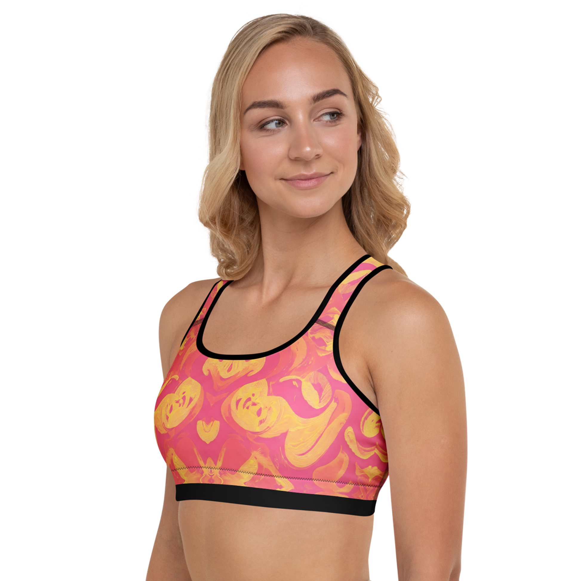 Peach Blaze Sports Bra showcasing reinforced straps and scoop neckline.