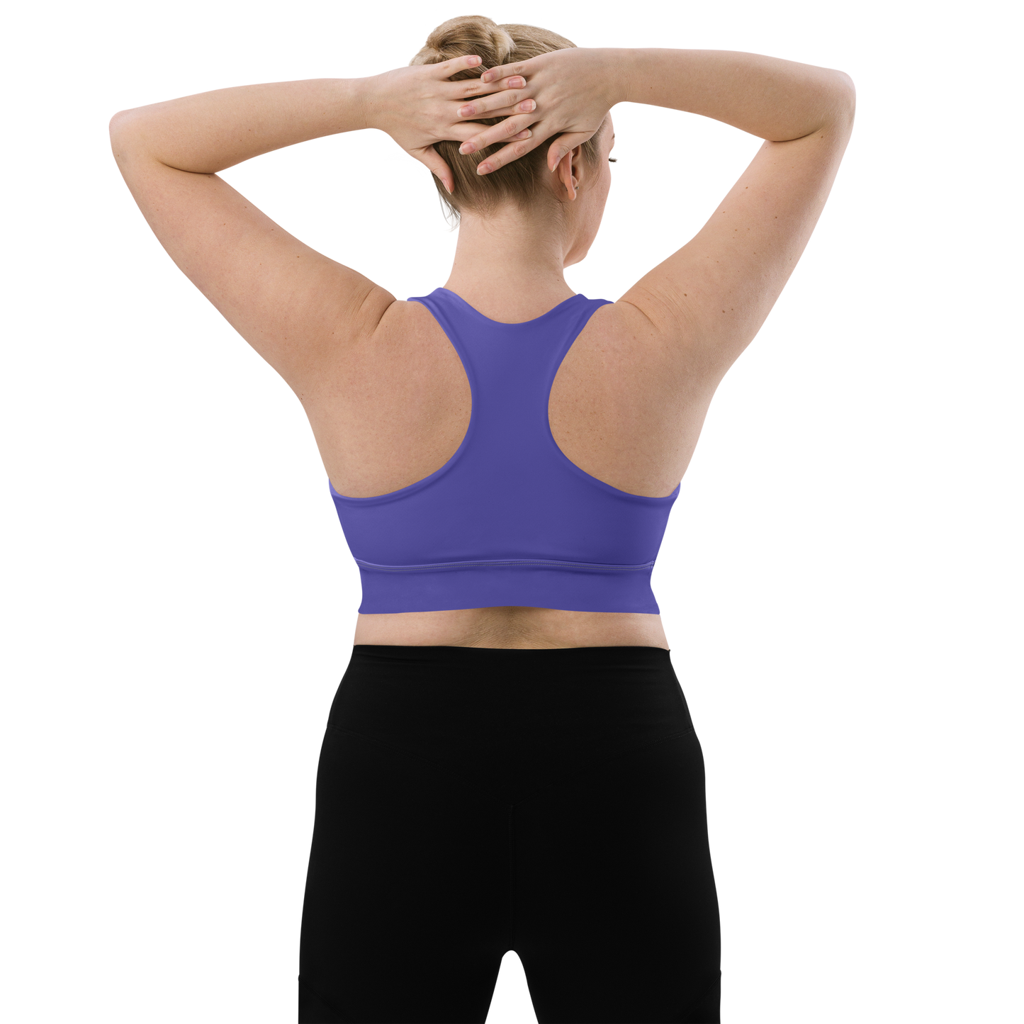 Purple Rain Sports Bra on woman's back, showcasing its longline fit.
