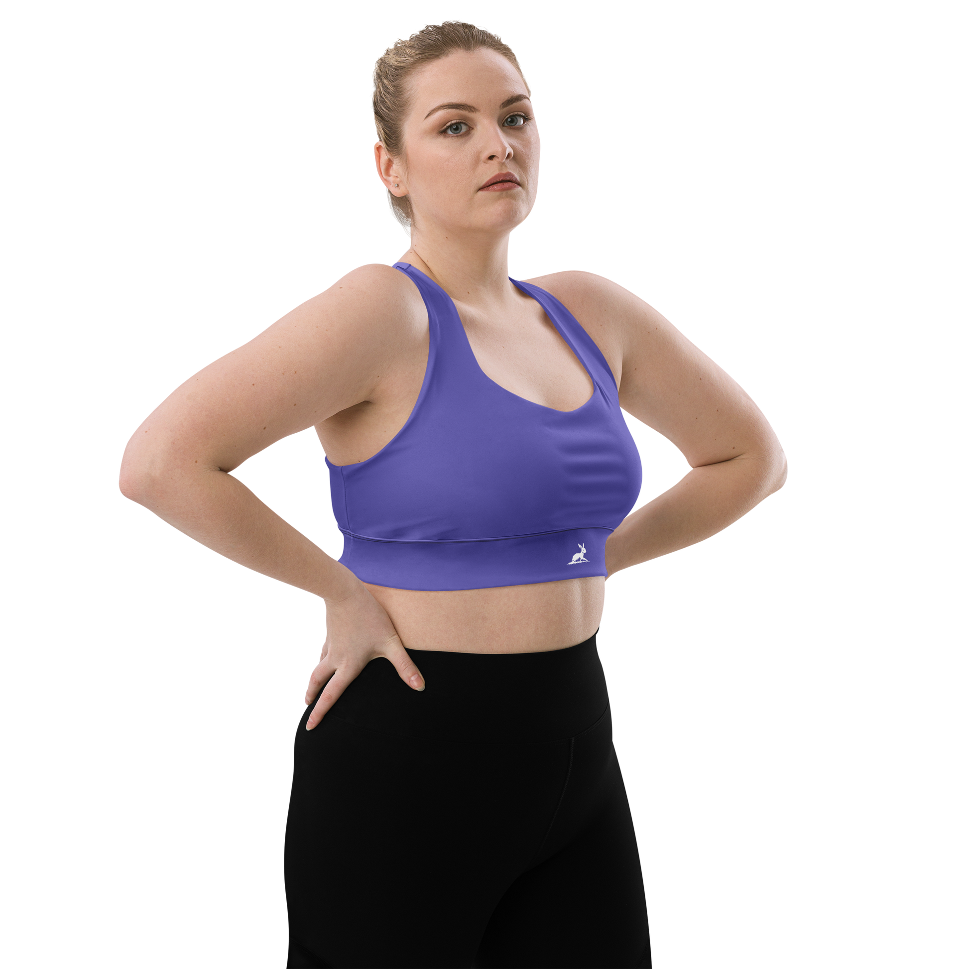 Purple Rain Sports Bra showcased in detailed close-ups of face, hand, chest.