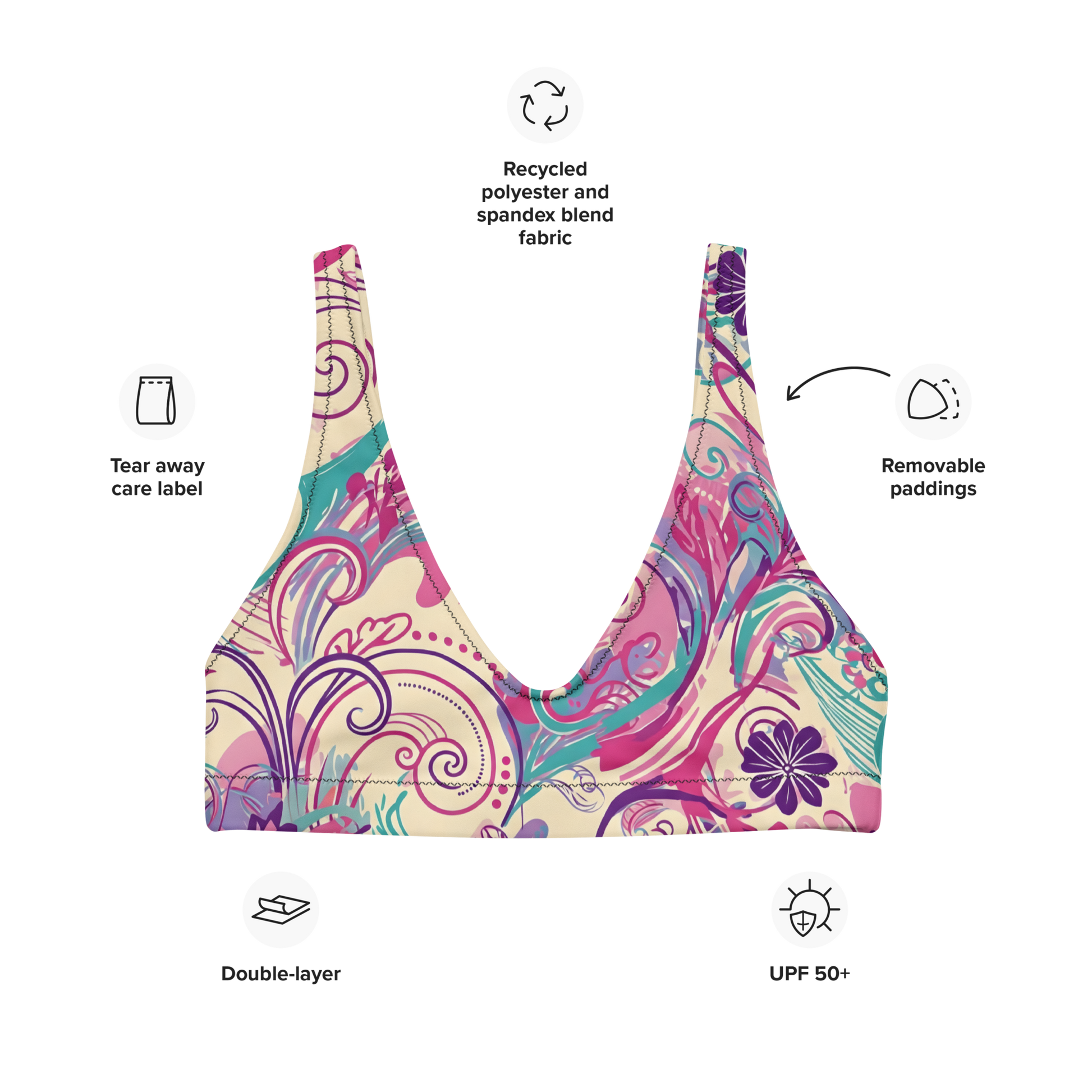 Summer Whirl Bikini Top with removable padding and zig-zag stitching.
